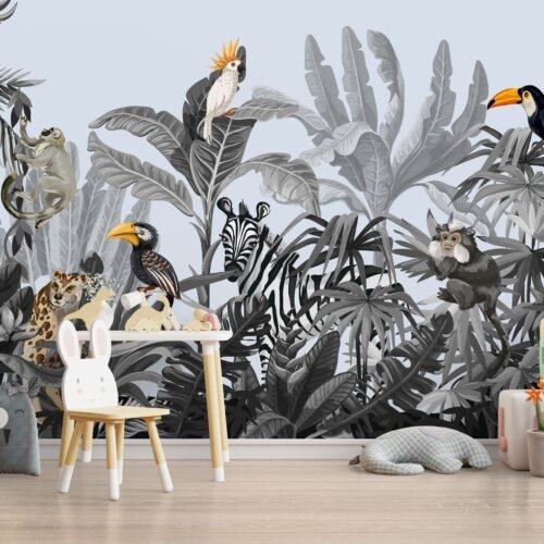 Jungle Adventure Wallpaper - Playful Kids Room Wall Mural with Animals & Plants - Black & White Safari Theme - Tropical Bedroom Decor