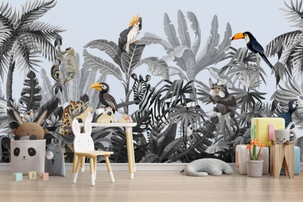 Jungle Adventure Wallpaper - Playful Kids Room Wall Mural with Animals & Plants - Black & White Safari Theme - Tropical Bedroom Decor