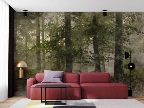 Misty Forest Wallpaper - Blue, Green, Pink & White - Watercolor Mural - Tranquil & Relaxing Wall Mural - Bedroom, Living Room, Office Decor