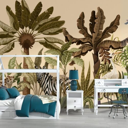 Tropical Oasis Safari Wallpaper - Jungle Animal Kids Room Wall Mural - Nature & Plant Theme - Pink & Blue Bedroom Decor