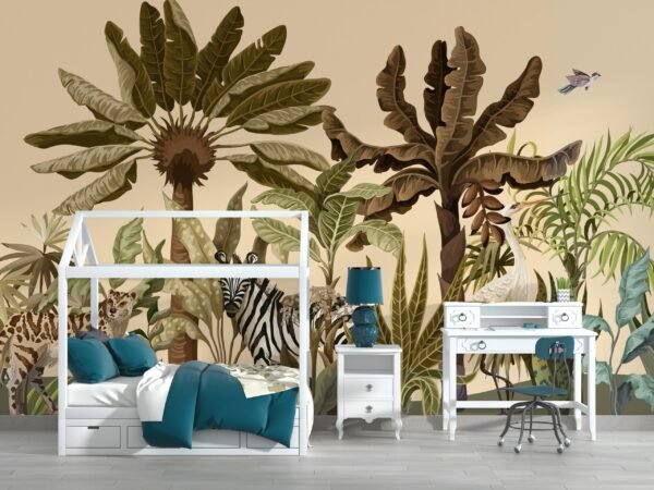 Tropical Oasis Safari Wallpaper - Jungle Animal Kids Room Wall Mural - Nature & Plant Theme - Pink & Blue Bedroom Decor