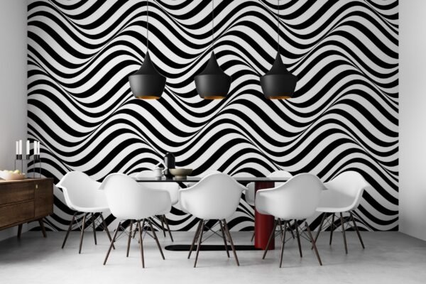 Black & White Hypnotic Wave Wallpaper - Modern Geometric Wall Mural - Bold Contemporary Mural for Home, Office - Striking 3D Effect