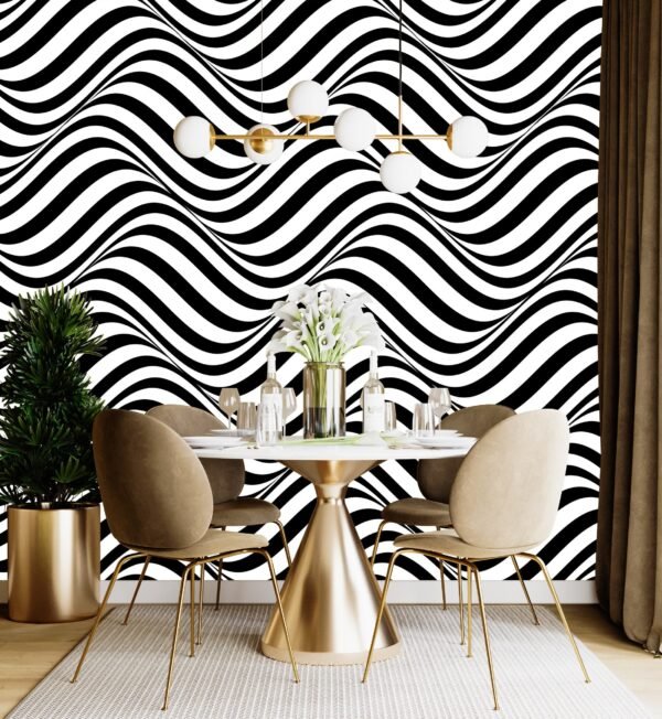 Black & White Hypnotic Wave Wallpaper - Modern Geometric Wall Mural - Bold Contemporary Mural for Home, Office - Striking 3D Effect