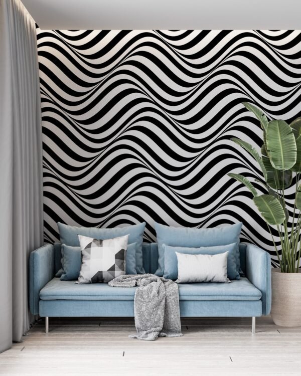 Black & White Hypnotic Wave Wallpaper - Modern Geometric Wall Mural - Bold Contemporary Mural for Home, Office - Striking 3D Effect