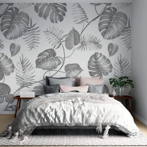 Tropical Oasis Wallpaper - Blue, Green & White - Botanical Palm Leaf Mural - Lush & Vibrant Wall Mural - Living Room, Bedroom, Bathroom