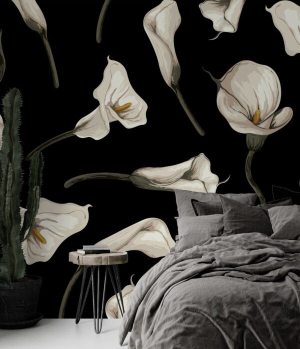 Black & White Modern Floral Wallpaper - Lily Mural - Watercolor Wall Mural - Home Decor, Bedroom, Living Room