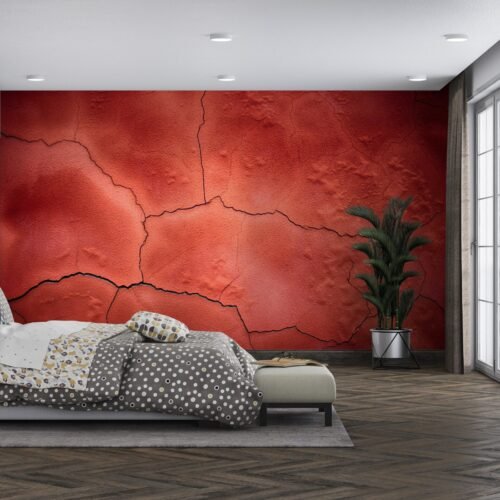 Red Cracked Wall Wallpaper - Industrial & Minimalist Mural - Photorealistic Art - Bedroom, Dining, Home Office, Entryway - Summer Decor