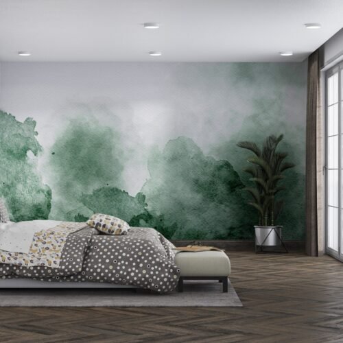 Black, Gray, Green & White Watercolor Forest Wallpaper - Blue Accents - Serene & Calming Mural - Bedroom, Living Room Decor