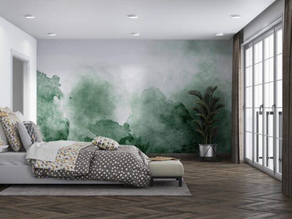 Black, Gray, Green & White Watercolor Forest Wallpaper - Blue Accents - Serene & Calming Mural - Bedroom, Living Room Decor