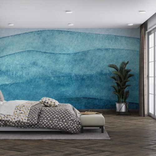 Calming Blue Watercolor Wave Wallpaper - Abstract Ocean-Inspired Wall Mural for Bedroom - Serene & Relaxing Wall Decor - Coastal or Beach Theme