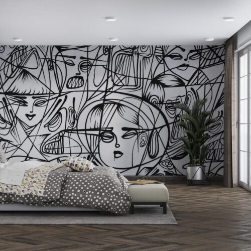 Abstract Faces Wallpaper - Brown & White Line Art Wall Mural - Modern & Contemporary Mural - Bedroom, Living Room Decor - Unique Wall Art