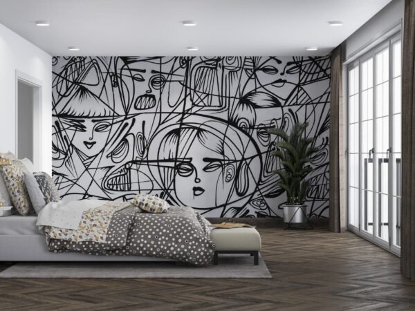 Abstract Faces Wallpaper - Brown & White Line Art Wall Mural - Modern & Contemporary Mural - Bedroom, Living Room Decor - Unique Wall Art