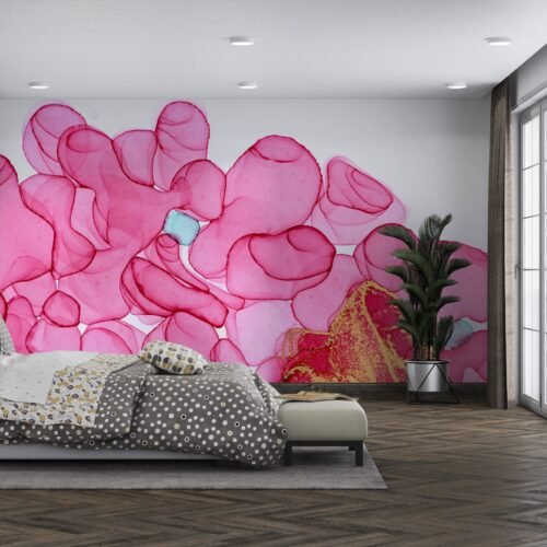 Watercolor Dream Wallpaper - Abstract & Modern Mural - Pink & Gold Accents - Bedroom & Living Room - Urban Art - Summer Decor