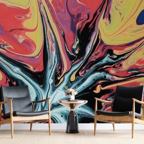 Blue Abstract Art Wallpaper - Green, Orange & Pink Accents - Bold & Vibrant Mural - Modern Wall Mural - Living Room, Bedroom, Dining Room Decor