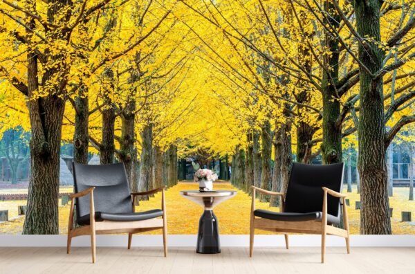 Autumn Walkway Wallpaper - Cozy Fall Landscape Wall Mural - Yellow & Red Trees - Nature Theme - Home Decor - Living Room & Bedroom Decor