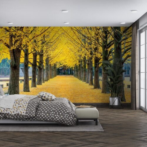 Autumn Walkway Wallpaper - Cozy Fall Landscape Wall Mural - Yellow & Red Trees - Nature Theme - Home Decor - Living Room & Bedroom Decor