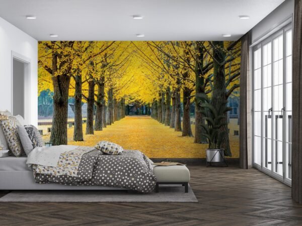 Autumn Walkway Wallpaper - Cozy Fall Landscape Wall Mural - Yellow & Red Trees - Nature Theme - Home Decor - Living Room & Bedroom Decor