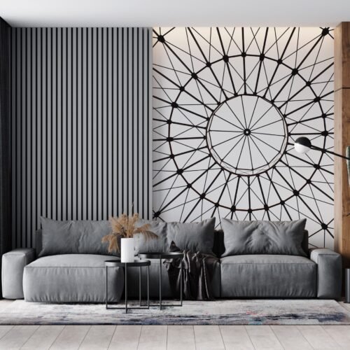 Modern Industrial Wallpaper - Black & White Striped Mural - Gold Accents - Living Room, Bedroom, Office Decor - Urban Loft