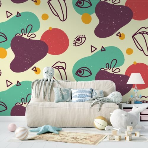 Light Blue, Green & Yellow Kids Room Wallpaper - Playful Wall Mural - Boys & Girls bedroom Nursery Decor - Cartoon Mural with Black & White