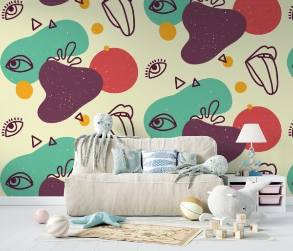 Playful Eyes & Lips Wallpaper - Colorful Kids Room Wall Mural - Hand-Drawn Mural - Nursery Decor - Unique & Fun Wall Art - Perfect for Boys & Girls