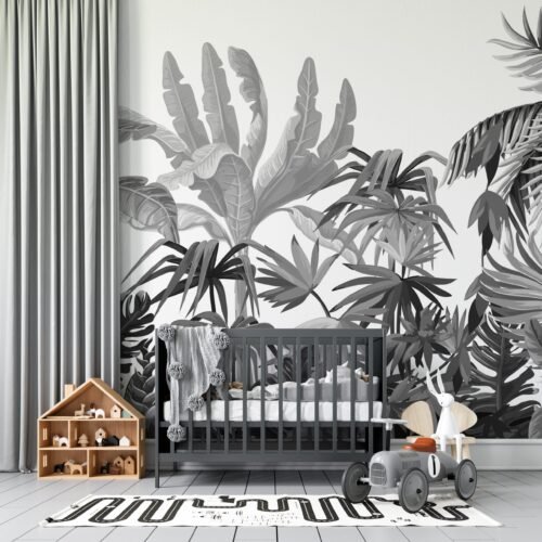 Modern Nursery Wallpaper - Black & White Banana Leaf Wall Mural - Tropical Kids Room Decor - Baby Room & Young Boys and girls Bedroom Decor