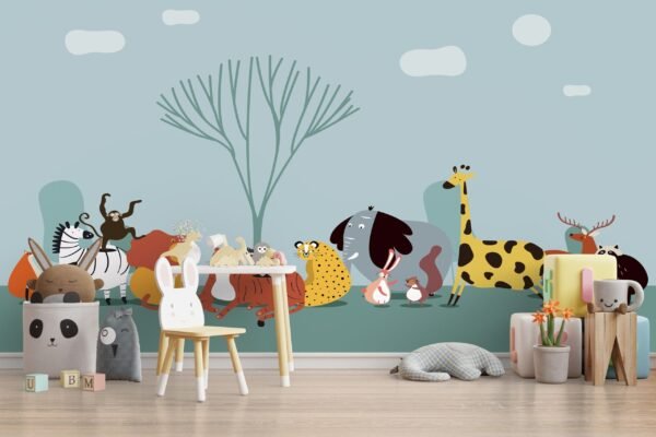 Woodland Animals Wallpaper - Blue & Green Forest Wall Mural - Kids . Boys & Girls Room, Nursery Decor - Cartoon Animals Mural with Gray & White