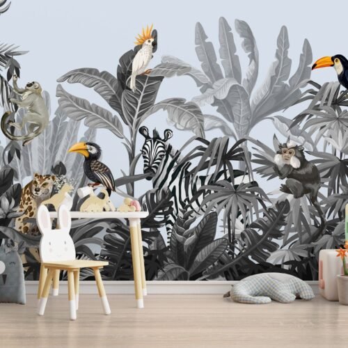 Jungle Adventure Nursery Wallpaper - Grey & Orange Kids Room Wall Mural with Animals - Safari Theme - Young Boys Bedroom Decor