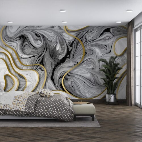 Modern Marble Wallpaper - 3D Mural - Black & White with Gold Accents - Luxurious & Stylish - Bedroom, Living Room & Office - Summer Decor