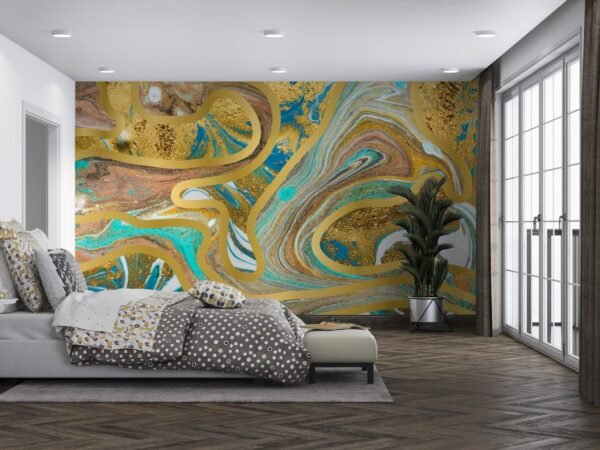 Golden Agate Dream Wallpaper - Blue, Brown & Gold - Luxury Marble Mural - Bedroom, Living Room Decor