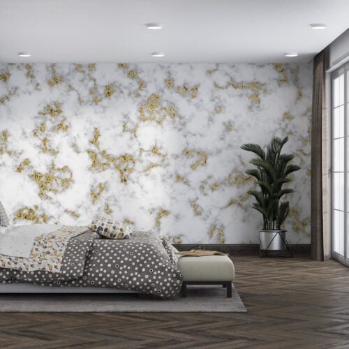 Modern Marble Wallpaper - White & Gold Mural - Airy & Bright - Luxury Wall Mural - Living Room, Bedroom, Dining Room Decor