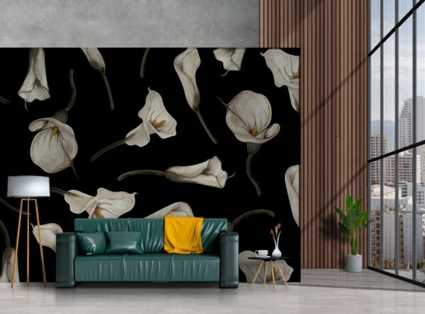 Black & White Modern Floral Wallpaper - Lily Mural - Watercolor Wall Mural - Home Decor, Bedroom, Living Room