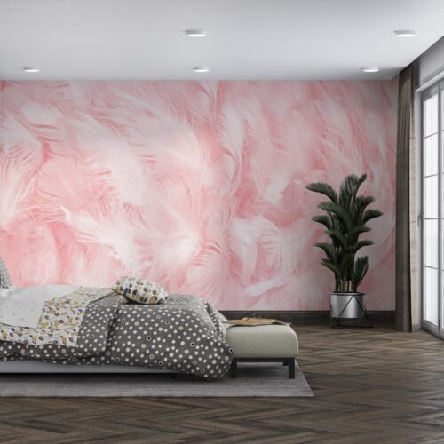 Pink Feather Wallpaper - Glamorous & Whimsical Wall Mural - Bedroom, Living Room, Office Decor - Feather Mural with Blue, Green & Orange Accents