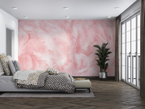 Pink Feather Wallpaper - Glamorous & Whimsical Wall Mural - Bedroom, Living Room, Office Decor - Feather Mural with Blue, Green & Orange Accents