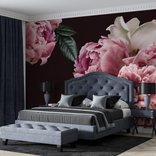 Peonies in Bloom Floral Wallpaper - Elegant Dark Blue & Pink Wall Mural - Luxury Home Decor - Living Room & Bedroom - Romantic Whimsical Decor