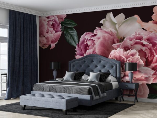 Peonies in Bloom Floral Wallpaper - Elegant Dark Blue & Pink Wall Mural - Luxury Home Decor - Living Room & Bedroom - Romantic Whimsical Decor