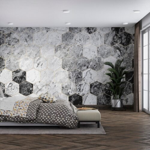 Modern Marble Bedroom Wallpaper - Elegant & Minimalist Wall Mural - Black & White with Grey & Green Veining - Luxury Home Decor - Contemporary