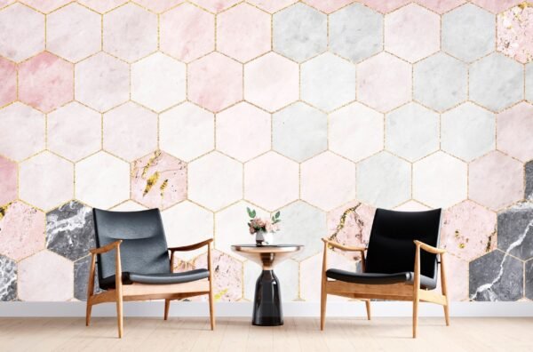 Hexagonal Marble Wallpaper - Geometric & Modern Mural - Luxury Home Decor - Bedroom, Dining, Home Office, Entryway - Summer Decor