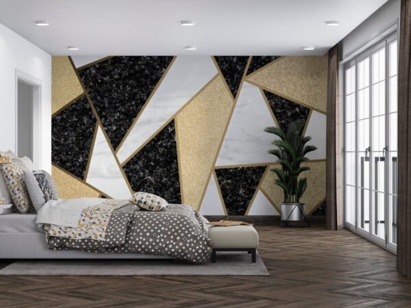 Geometric Marble Wallpaper - Black & White with Gold Accents - Eye-Catching & Sophisticated - Luxury Home Decor - Modern Art - Summer Decor