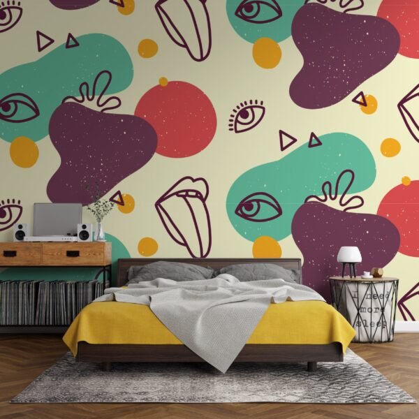 Playful Eyes & Lips Wallpaper - Colorful Kids Room Wall Mural - Hand-Drawn Mural - Nursery Decor - Unique & Fun Wall Art - Perfect for Boys & Girls