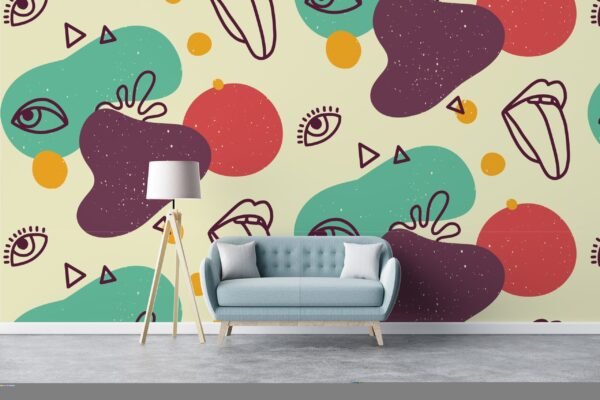 Playful Eyes & Lips Wallpaper - Colorful Kids Room Wall Mural - Hand-Drawn Mural - Nursery Decor - Unique & Fun Wall Art - Perfect for Boys & Girls