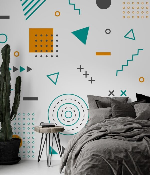 Geometric Accent Wall Wallpaper - Blue, Green, Orange & Yellow - Abstract Shapes - Mid Century Modern Wall Mural - Kids, Bedroom, Living Room