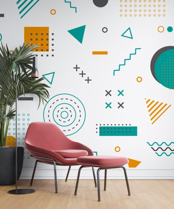 Geometric Accent Wall Wallpaper - Blue, Green, Orange & Yellow - Abstract Shapes - Mid Century Modern Wall Mural - Kids, Bedroom, Living Room