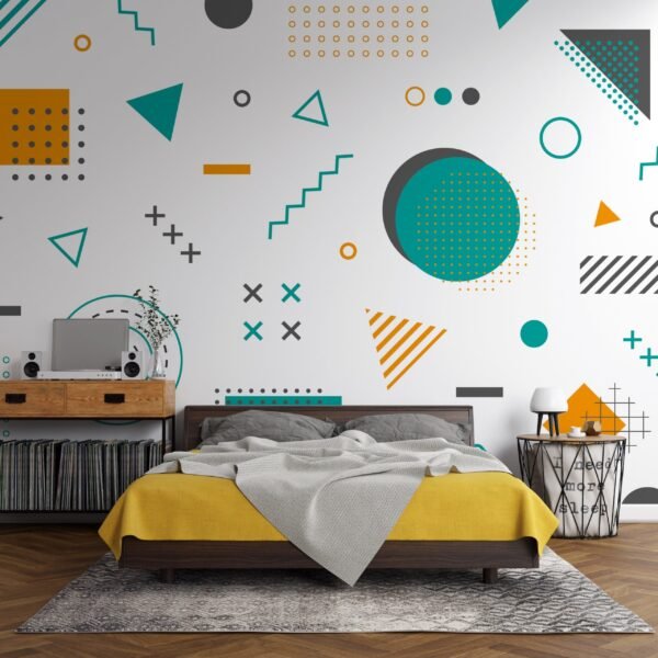 Geometric Accent Wall Wallpaper - Blue, Green, Orange & Yellow - Abstract Shapes - Mid Century Modern Wall Mural - Kids, Bedroom, Living Room