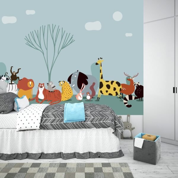 Woodland Animals Wallpaper - Blue & Green Forest Wall Mural - Kids . Boys & Girls Room, Nursery Decor - Cartoon Animals Mural with Gray & White