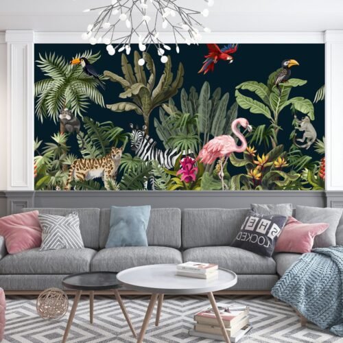 Tropical Oasis Wallpaper - Colorful Jungle Wall Mural - Kids Room Decor - Vibrant Tropical Animals & Plants Mural - Perfect for Boys & Girls