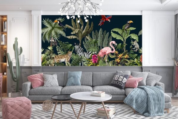 Tropical Oasis Wallpaper - Colorful Jungle Wall Mural - Kids Room Decor - Vibrant Tropical Animals & Plants Mural - Perfect for Boys & Girls