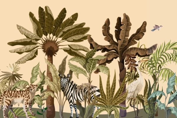 Tropical Oasis Wallpaper - Lush & Vibrant Mural - Exotic Animals & Foliage - Jungle & Safari Kids Room - Childern Playroom Decor - Bedroom