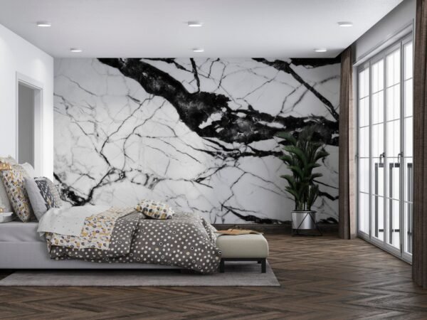 Modern Marble Bedroom Wallpaper - Elegant & Minimalist Wall Mural - Black & White with Grey & Green Veining - Luxury Home Decor - Contemporary