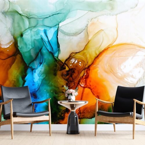 Abstract Colorful Paint Wallpaper - Blue, Green & Yellow - Bold & Vibrant Mural - Modern Wall Mural - Kids Room, Bedroom, Living Room