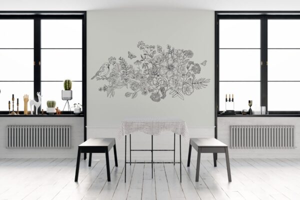 Gold & White Hand-Drawn Floral Wallpaper - Botanical Mural - Modern & Minimalist Wall Mural - Bedroom, Living Room, Office Decor